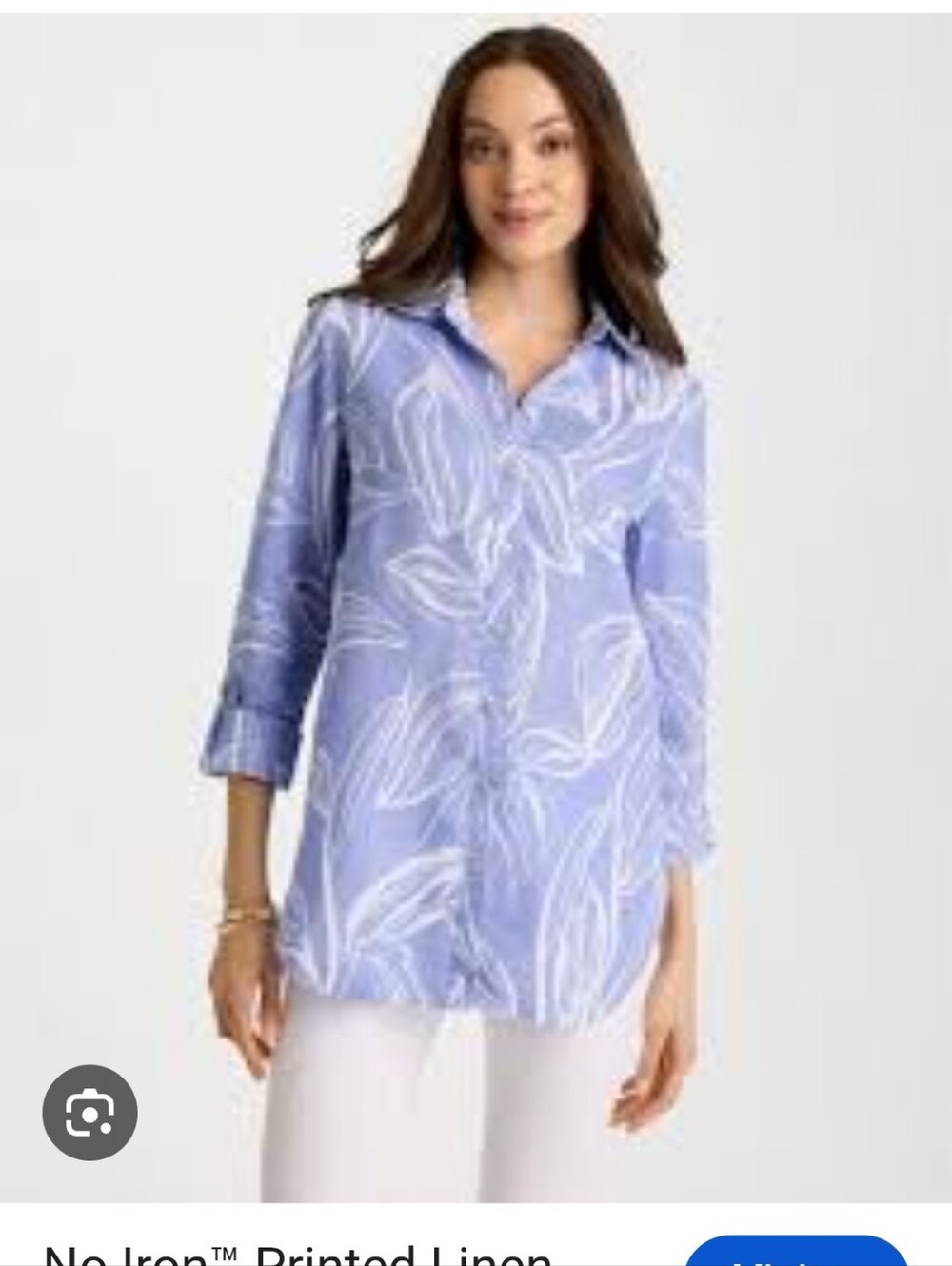 Chico's No Iron™ Printed Linen Tunic - Light Blue Leaf Print Sz 4